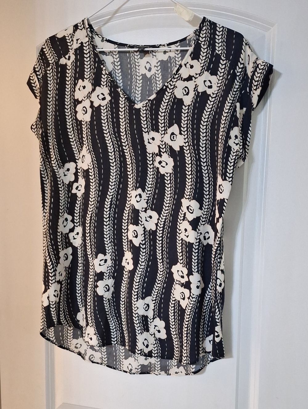 Express Navy and White Floral Stripe V-Neck Blouse